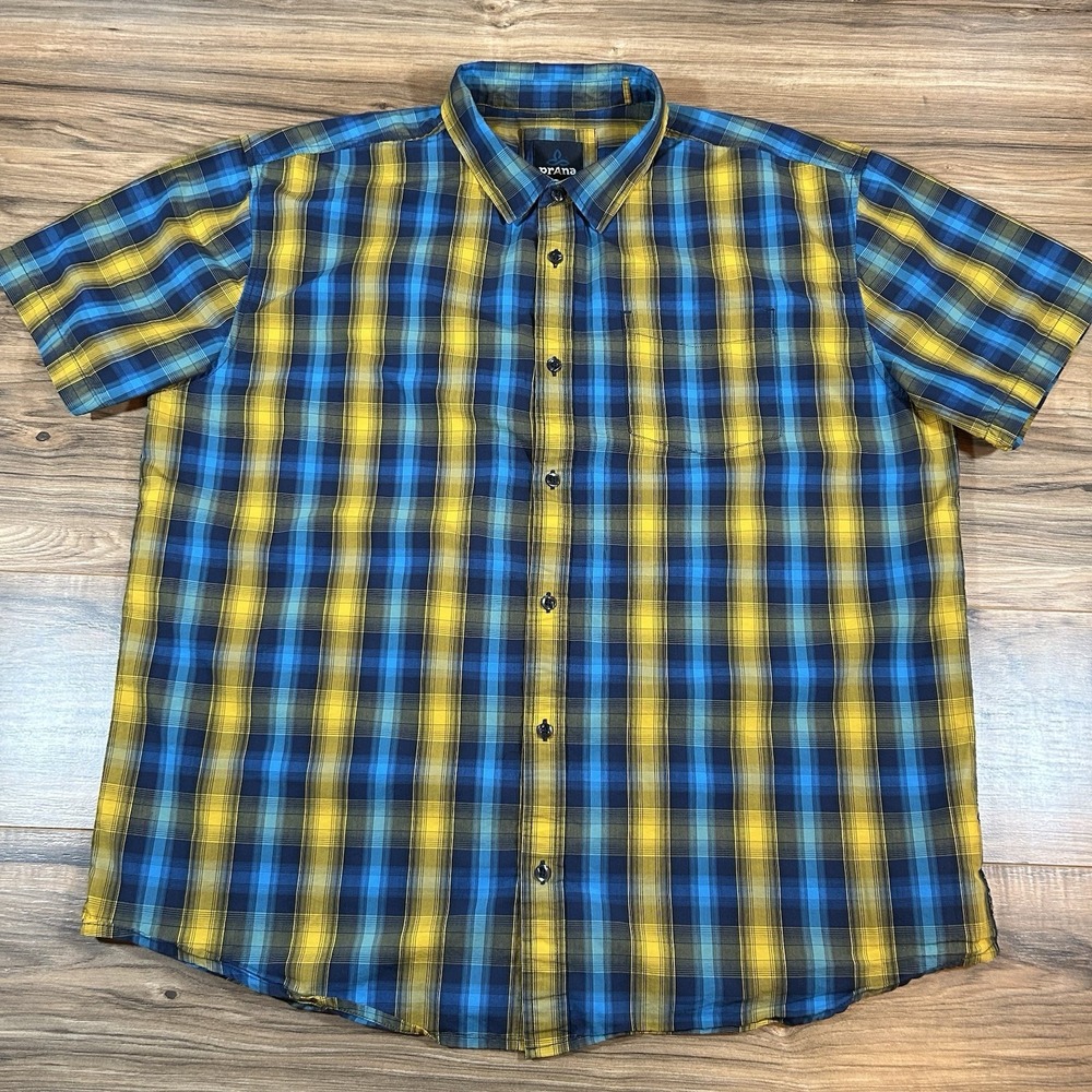 Prana Mick Mens XXL |Plaid| Short Sleeve Organic Cotton Button Up Shirt